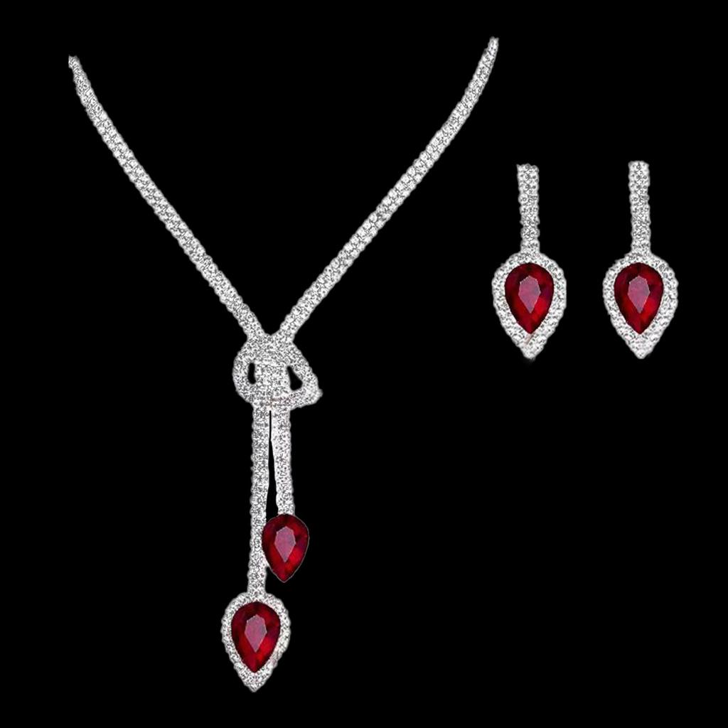 Europe and the United States popular bride jewelry gemstone water drop necklace earrings red series bright diamond jewelry set