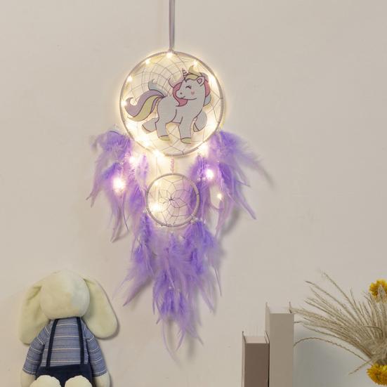 Dinosaur Dream Catcher Ornament Kids Faux LED Light Feather Dream Catcher Handmade Home Decor Birthday Gift