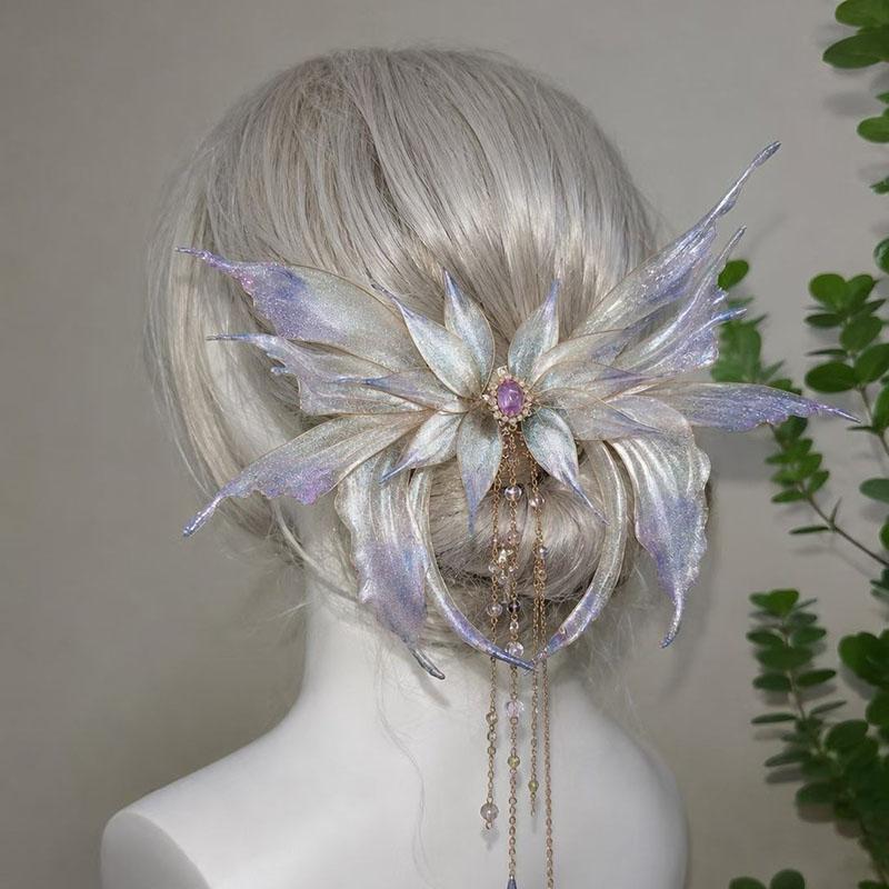 Moving Butterfly Wing Hair Clip Mermaid Fairy Elf Hair Claw Tassel Hairpin Vintage Lolita Cosplay Hair Accessory