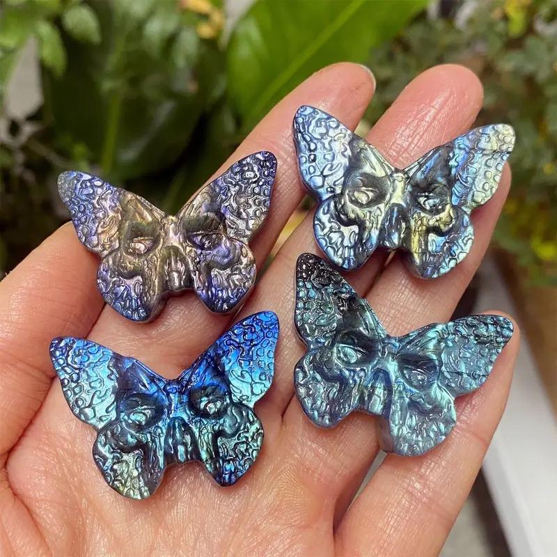 1 шт. Лабрадорит Бабочка Череп Кристалл Образец Минерал Декор с Дизайном Крыльев Бабочки, Уникальное Украшение для Дома