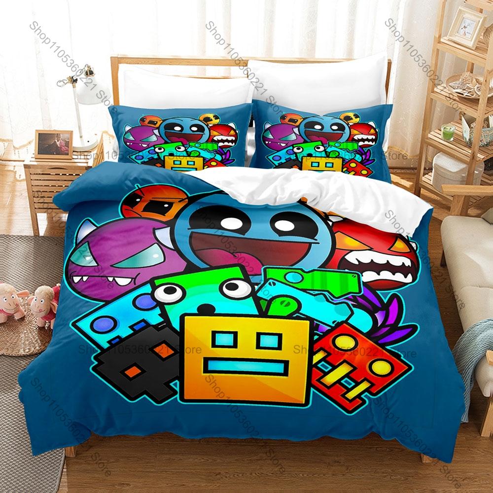 Angry Geometry Dash Angry Expression Cube Spike Neon Rhythm Game Print Duvet Cover + 2 Pillowcases Bright Color Microfiber 2026