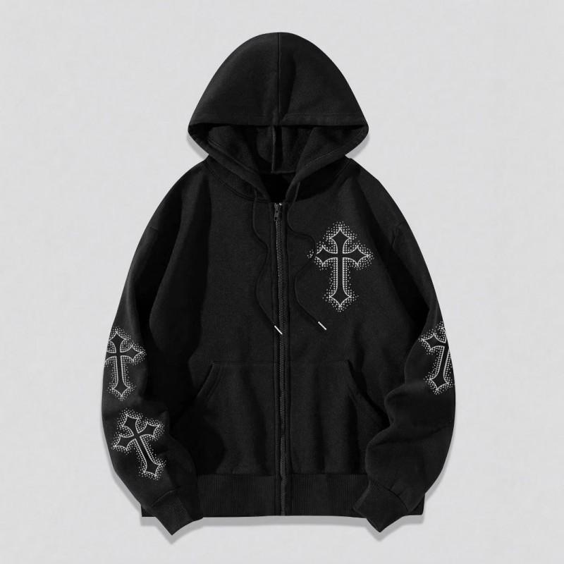 Unisex Streetwear Hoodie With Cross Print Zipper Drawstring Loose Fit Fall Winter
