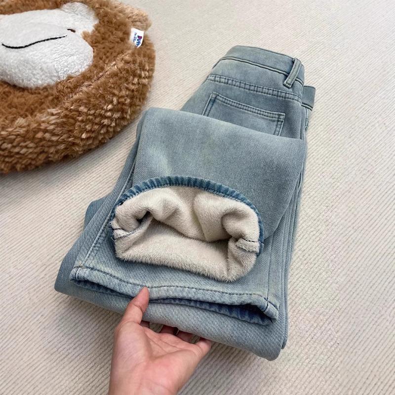 Fleece thickened straight jeans for women, new loose and thin wide-leg pants in autumn and winter