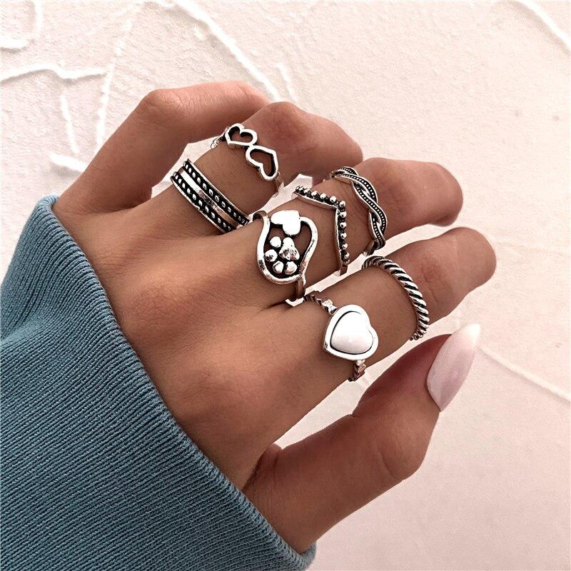 iF ME Punk Vintage Silver Color Poker Billiards Ring Set for Women Gothic Heart Anillos Hip Hop Y2k Korean Fashion Male Gift Jewelry