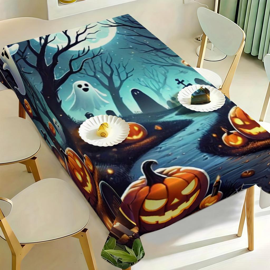 1pc Tablecloth Halloween Themed Party Celebration Tablecloth, Creative Jack-O'-Lantern Bat Full Fantasy Nightscape Printed Pattern High Definition Pol