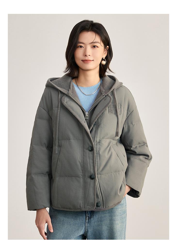 Fake two-piece spliced hooded down jacket