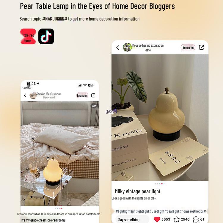 Vintage French Cream Pear Table Lamp: Portable Touch Night Light for Bedroom, Study, and Living Room with Charging Feature.
