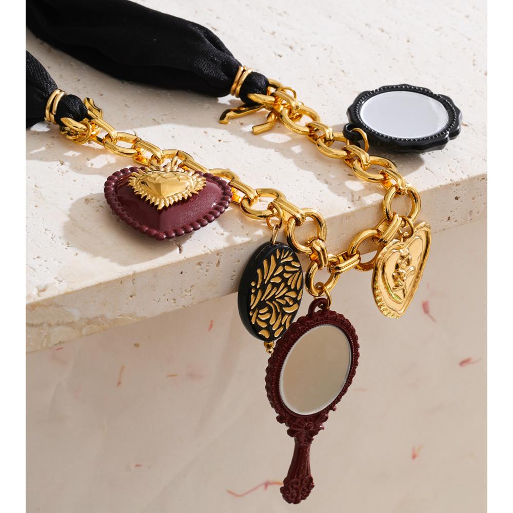 Yhpup Autumn Winter Style Black Polyester Cloth Chain Acrylic Heart Flower Mirror Drop Charm Necklace Stainless Steel Jewelry