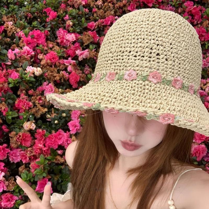 Оригинальные соломенные женские шляпы с цветочным декором, летние корейские модные универсальные дышащие солнцезащитные кепки с цветочным принтом для пляжа