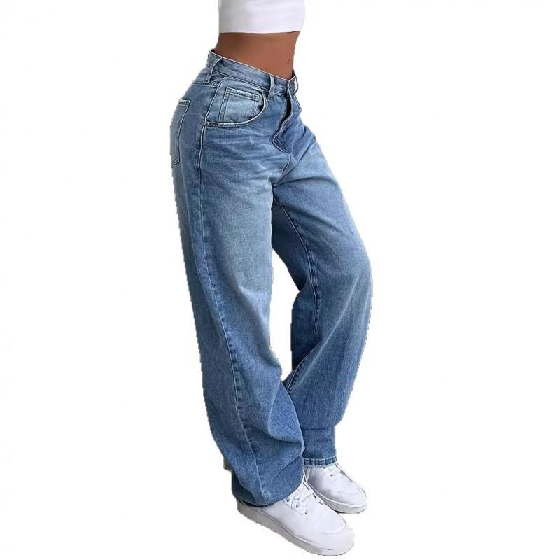 Womens Straight Leg Jeans High Waist Street Style Denim Pants Casual Fashion