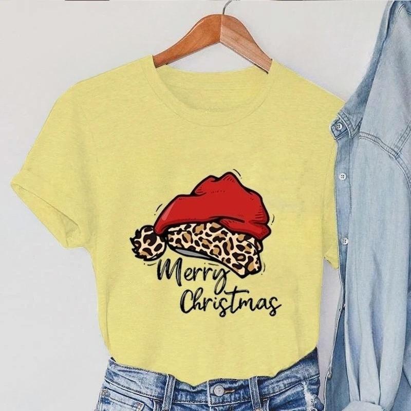 Womens short sleeved Tshirt summer leopard print Christmas hat Merry Christmas print fashionable and trendy Womens Tshirt