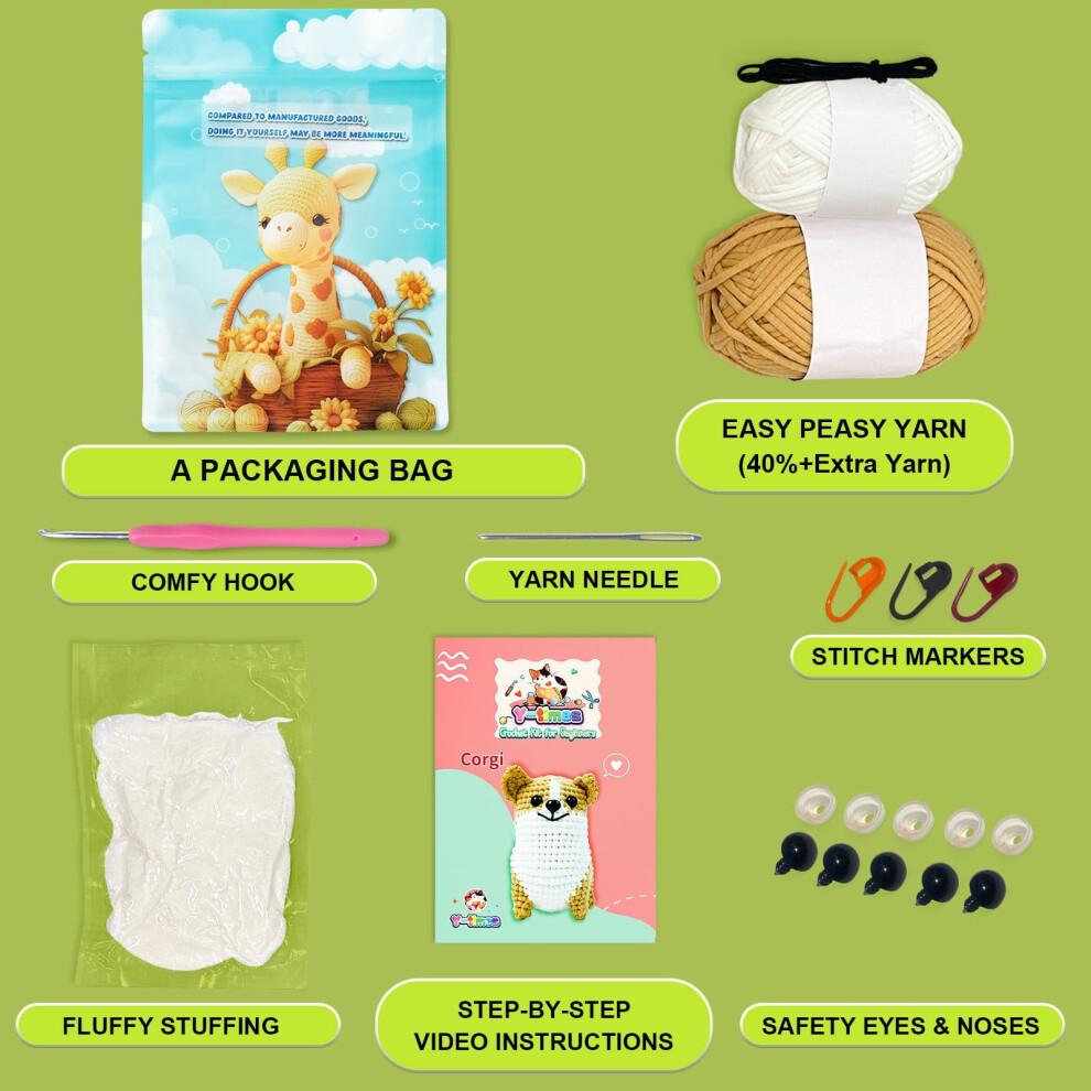 Corgi Crochet Kit for Adults – Beginner Starter Set with Yarn, Hook, Stuffing, Safety Eyes, Instructions | DIY Knitted Animal Doll Craft Gift