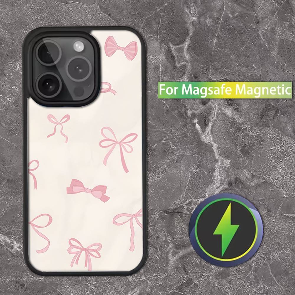 Милый розовый бант в корейском стиле Чехол для телефона iPhone 17,16,15,14,13,12,11,Pro,Max,Plus,Mini,SE Магнитная беспроводная зарядка Magsafe