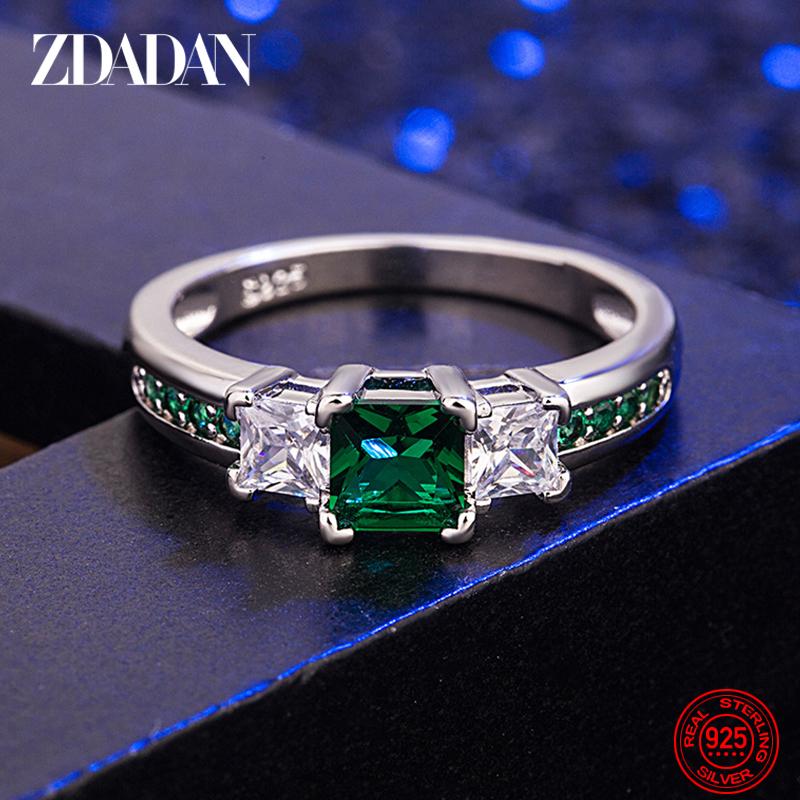 ZDADAN 925 Silver Square Pink Zircon Rings for Women Girls Fashion Jewelry