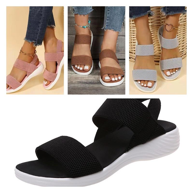 Summer Large Size Women's Shoes Casual Elastic Flat Sandals With Back Strap Fly Knitted Polyurethane Characters)