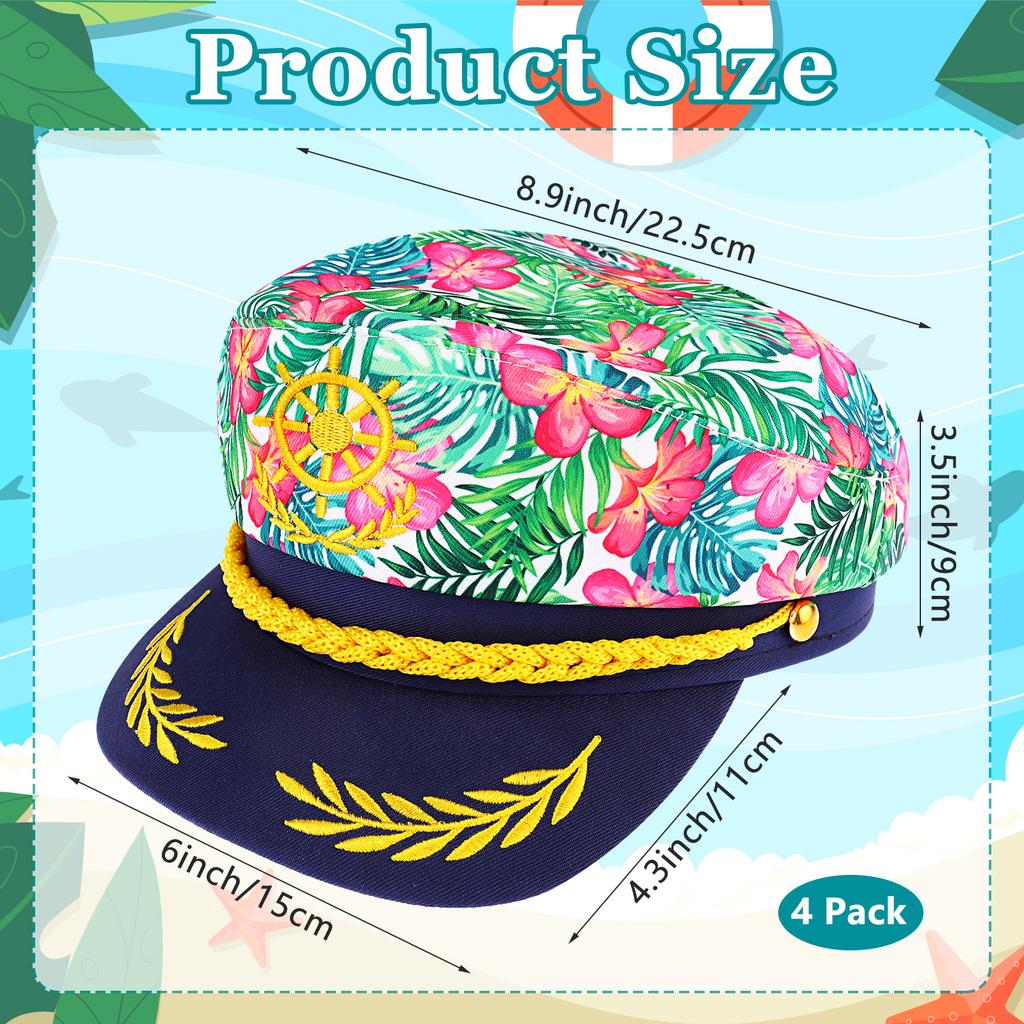 4 шт. Гавайские Цветочные Капитанские Шляпы - Регулируемые Шляпы Яхтенного Матроса Для Хэллоуина, Катания на Лодке, Морских и Вечеринок - Темно-Синие Вышитые Костюмы