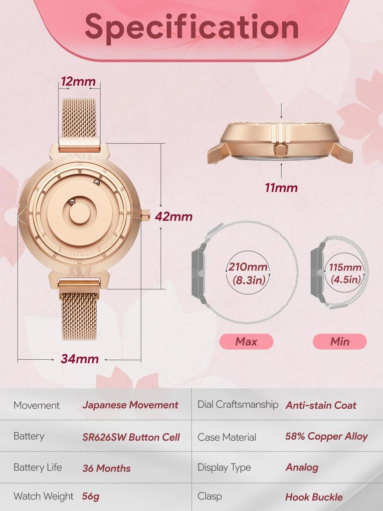 Магнитные часы с шарикоподшипником, кварцевые часы, минимализм, повседневные, водонепроницаемые, 36 мм, циферблат из розового золота, ремешок из розового золота, сетчатый ремень из нержавеющей стали