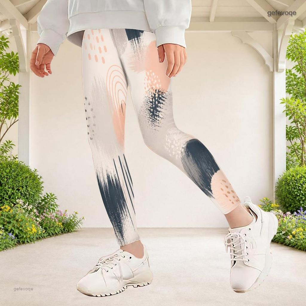 Girls Full Length Fitted Stretch Waist Printed Yoga Leggings Off White Blue Beige