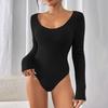 Прилегающий к талии Облегающий и Универсальный Черный Комбинезон с Длинным Рукавом Новинка Осень Круглый Вырез Меланжевая Полоска