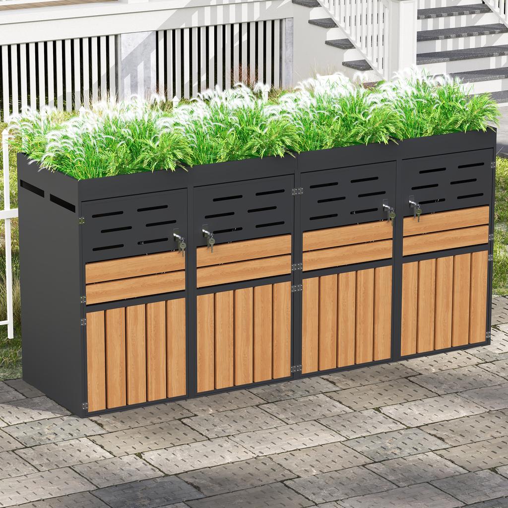 Multifunctional Outdoor Cabinet with Planter Box, Four Compartments, Galvanized Steel Frame – for Storage & Garden Decoration (without Waste Bin)