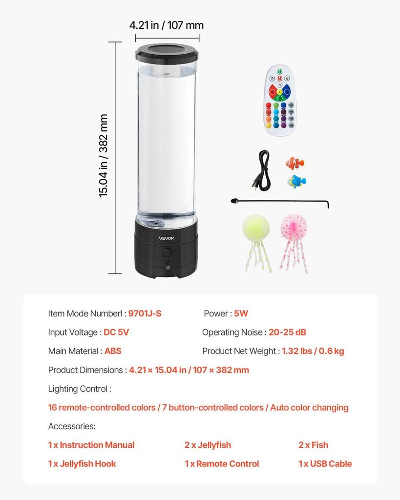 Sensory Bubble Tube Lamp 16 Remote-controlled Color Water Fish Lamp 382mm