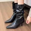 Pointed Toe Women High Boots Mid Heels Sexy Shoes Leather Mid Calf Winter New Botas Women 2024 Trend Pumps Fashion Botas Mujer