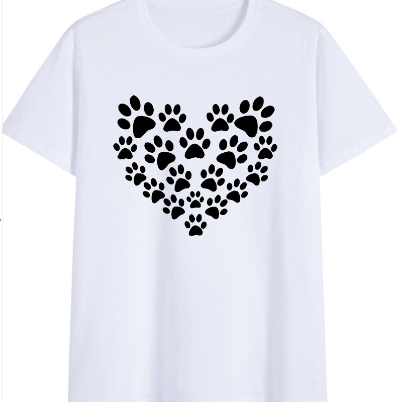Cotton 100% Women's Heart-shaped Dog Footprints Fun Print Dog Lover Round Neck Short Sleeve Sport T-shirt Tops Harajuku