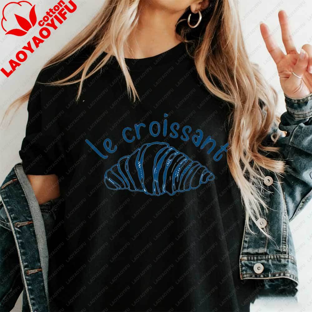Женская минималистичная футболка Le Croissant Французский синий Графическая футболка с рисунком в виде линии Хлопковая футболка Летняя Эстетичная Топы для любителей парижской еды