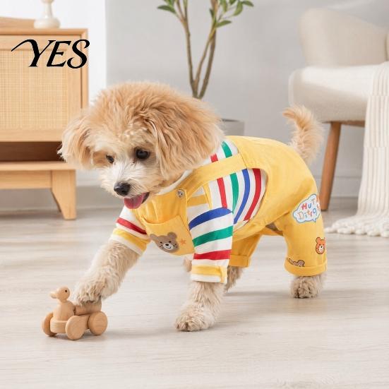 Small Dog Clothing Colorful Striped Jumpsuit, Cute Bear Prints, Cozy Cartoon Pattern Wear Puppy Onesie Clothes, Four-Leg Outfit for Dogs Jumpsuit