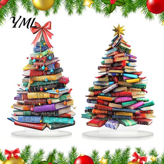 Book Lover Christmas Gifts Stacked Tree Ornament, 2D Flat Stacking Holiday Hanging Decoration, Desktop Display Reading Theme Acrylic Pendant,
