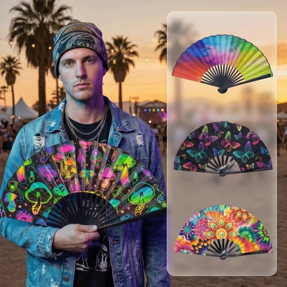 Gradient Colorful Folding Hand Fan Leopard Print Reflective Fan Classical Dance Fan Rave Event