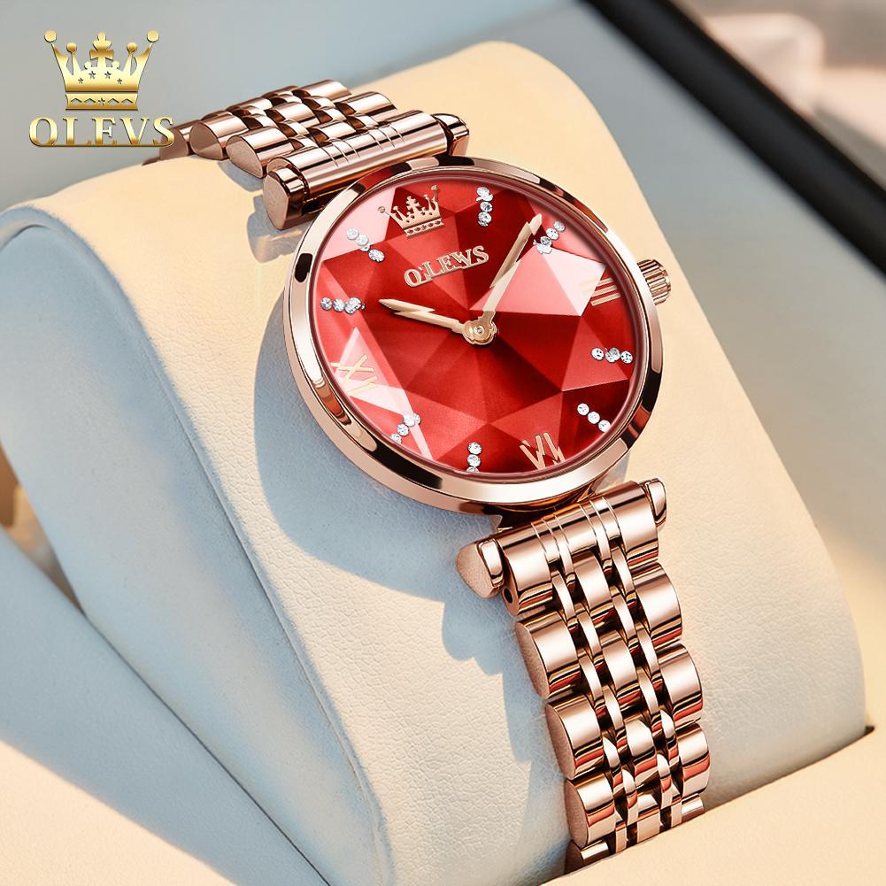 OLEVS 6642 Japan Quartz Movement Women's Watches Diamond Shaped Glass Elegant Rose Gold Steel Strap Waterproof Ladies Wristwatch