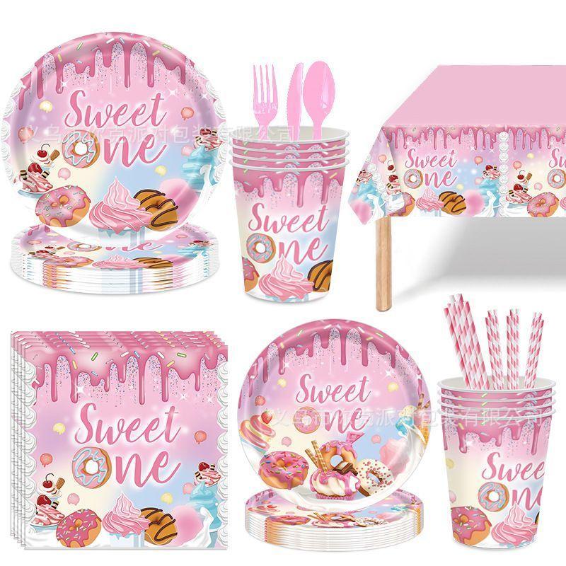 Donut-themed Disposable Tableware Set for Girls' Birthday Party Scene Arrangement