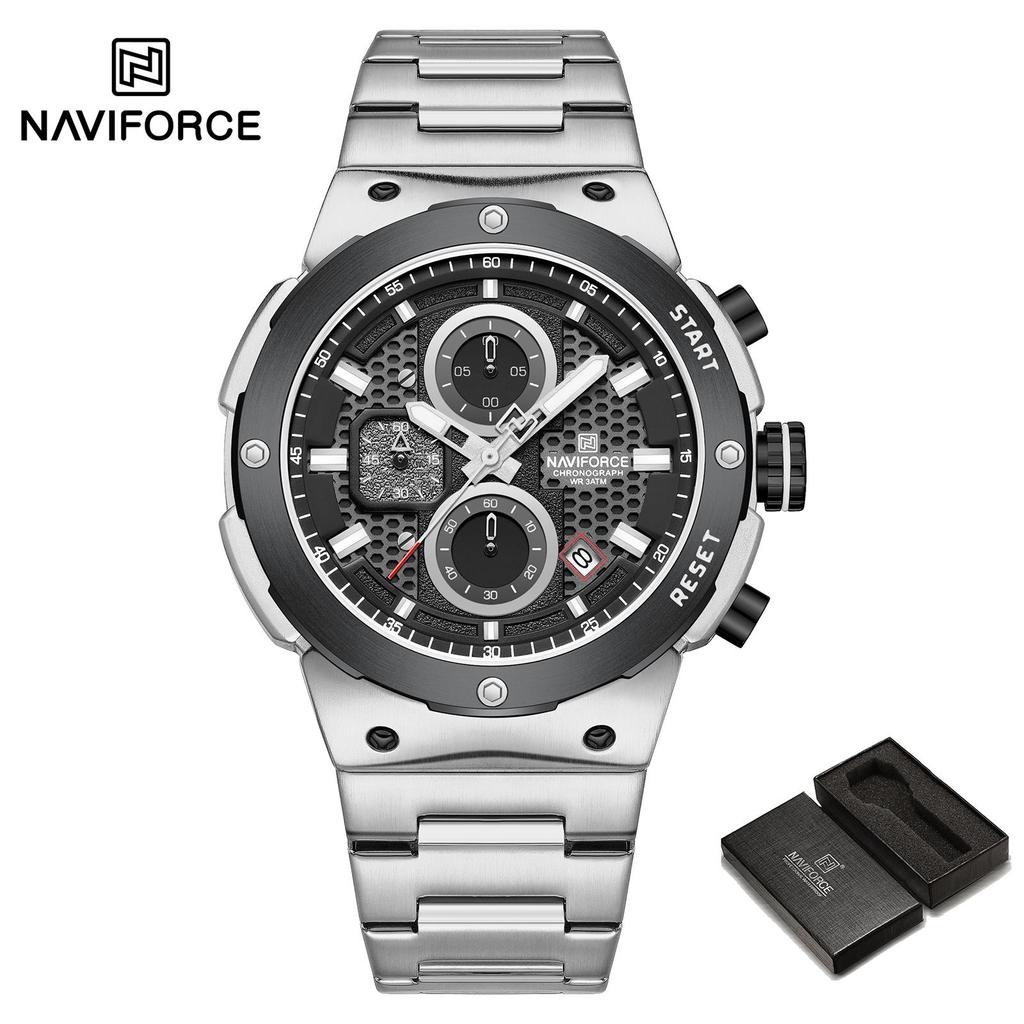 Naviforce Мужские кварцевые часы с секундомером, хронографом, водонепроницаемые, с ремешком из нержавеющей стали, с календарем, светящиеся, мужские, модные, повседневные часы для мальчиков NF8072