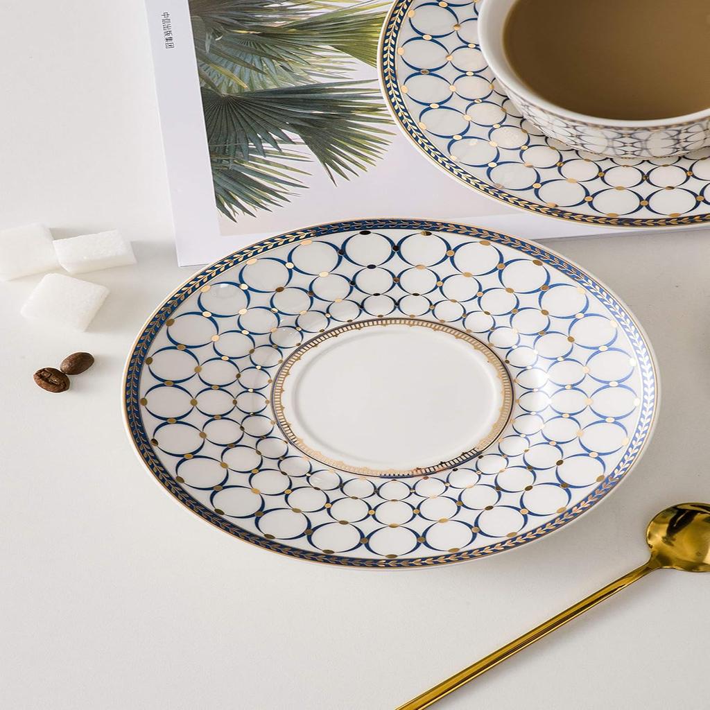 European Style White Gold Cup Set, 6.8 Oz Bone China Tea Cup with Spoon - Modern Design for Espresso, Cappuccino