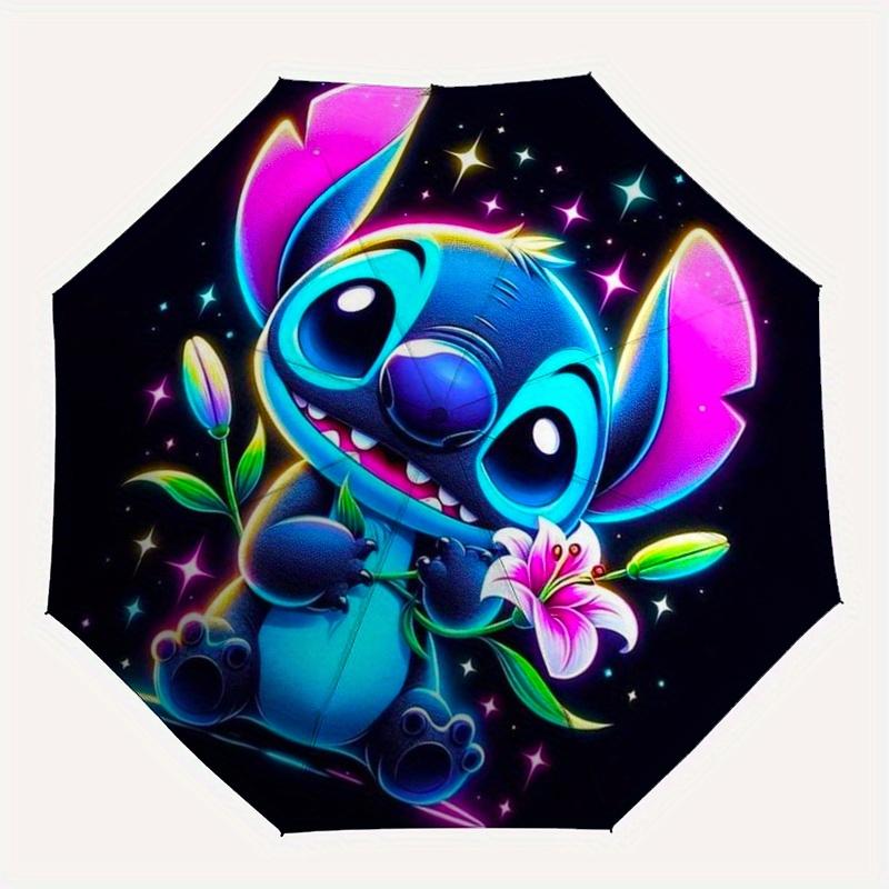 Stitch,Neon Fully automatic themed umbrella 8 ribs durable iron frame, tri fold compact design, perfect as a gift, travel umbrella, unisex