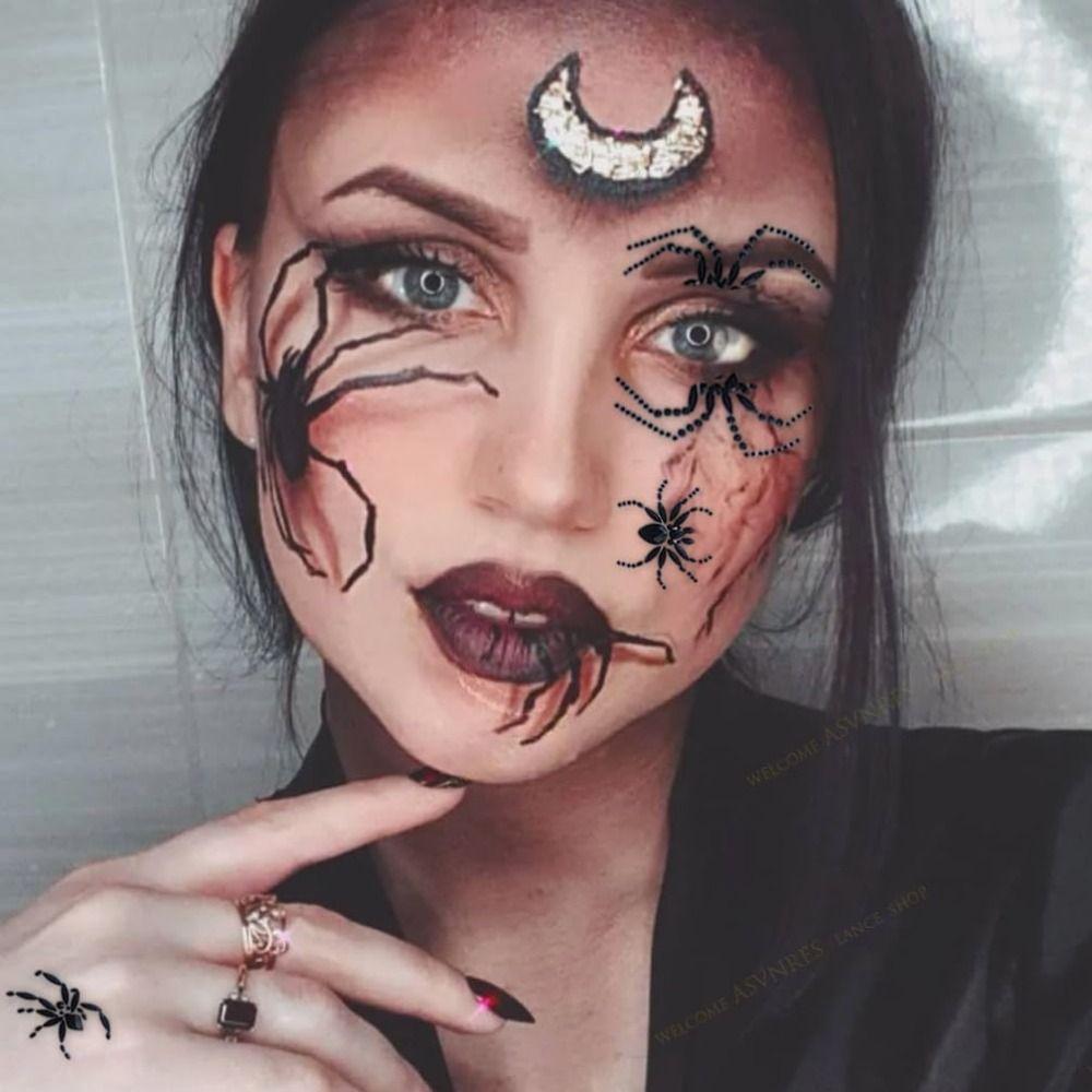 Black Halloween Temporary Tattoos 3D Halloween Face Rhinestone Sticker  Festive