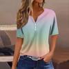 Women's Fashion Casual Vintage Gradient V-Neck Short Sleeve Decorative Button T-Shirt Top