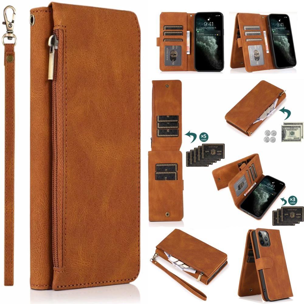 Кошелек на молнии с магнитным кожаным флип-чехол на 8 карт для iPhone 15 14 13 12 11 Pro Max XS MAX XR/Samsung S23 S22 S21 Ultra Plus S21FE A14 A54 A13 A53 A52
