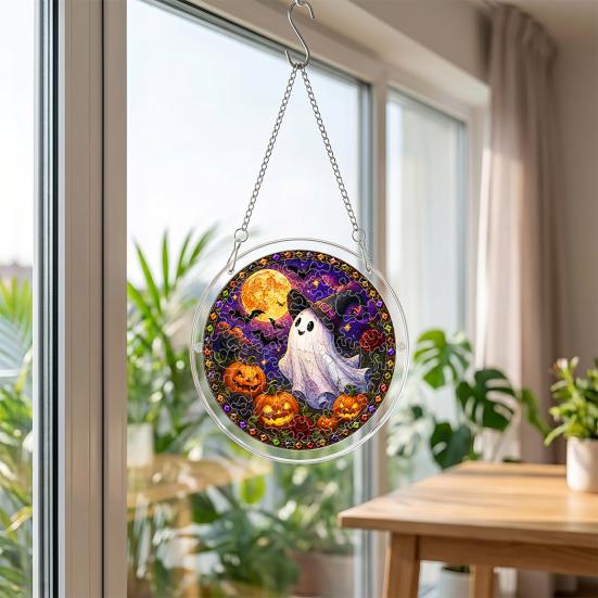 yangyizhi Acrylic Jigsaw Puzzle Suncatcher, Stained Glass Style Halloween Skeleton Ghost Sun Catcher for Gothic Window Wall Hanging Decor