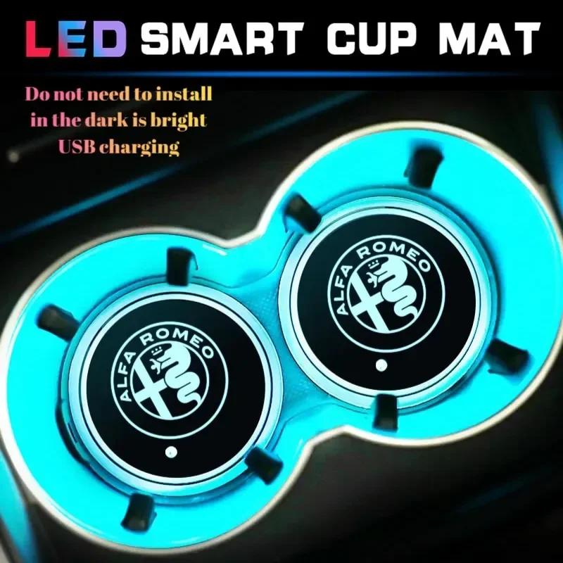 ACPXJ1 2pcs Car LED Smart Water Cup Mat USB Light Drink Holder Coaster for Alfa Romeo Logo 155 156 159 Giulia Mito Stelvio 4C GT Spider