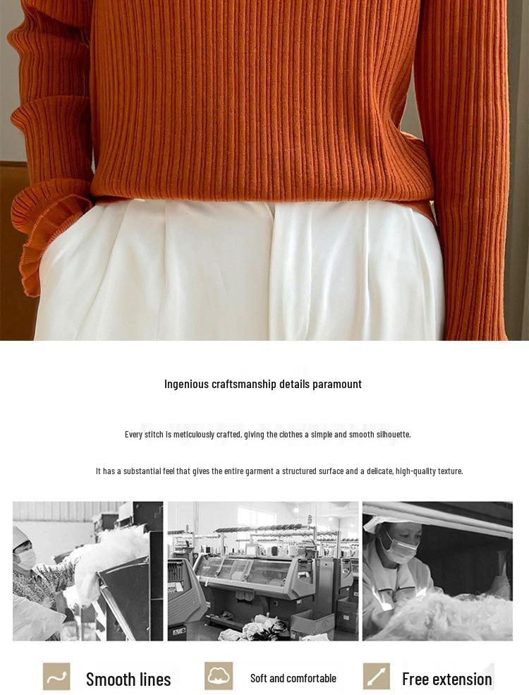 Autumn/Winter Women's Solid Color Half-High Collar Knit Sweater with Lace Trim