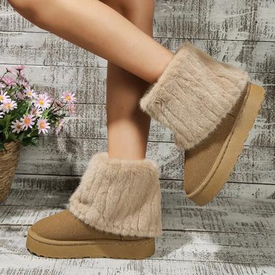 Модные женские теплые утепленные плюшевые зимние ботинки до середины икры с круглым носком, повседневные удобные женские зимние ботинки на толстой подошве