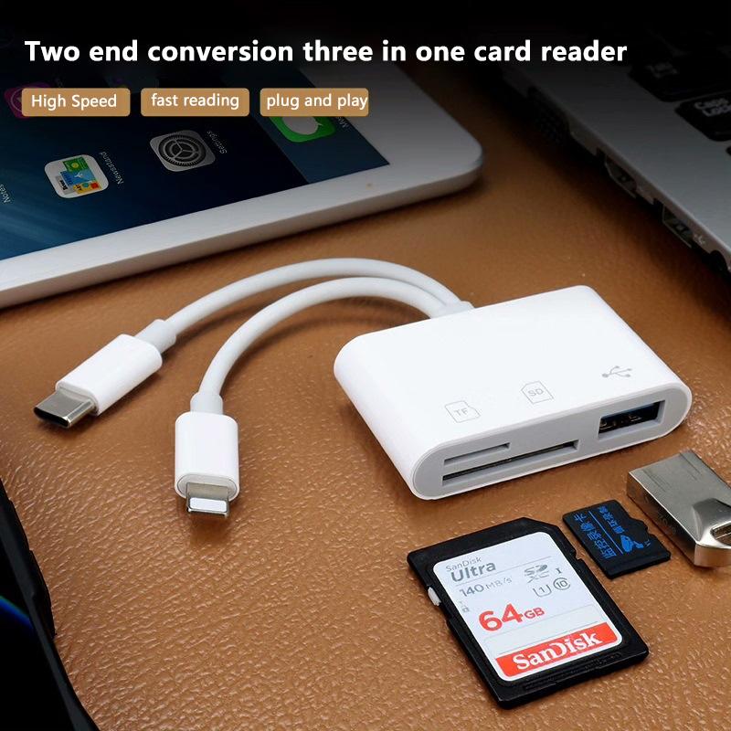 2 в 1 OTG кард-ридер Type C Lightning для SD-TF карты памяти с USB-портом для зарядки для Macbook, ПК, ноутбука, iPhone, кард-ридер