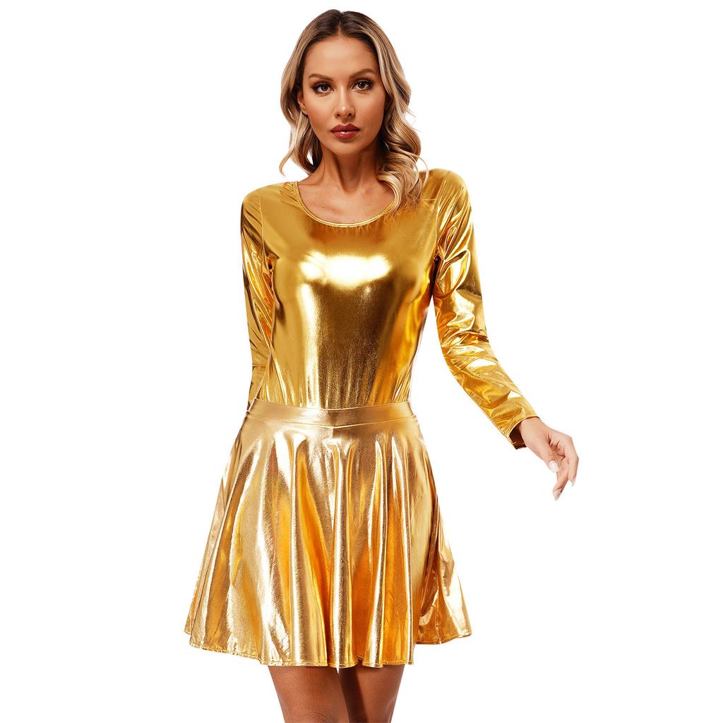 Женский гимнастический купальник с блестящим металлическим оттенком и плиссированные юбки, спортивная танцевальная одежда