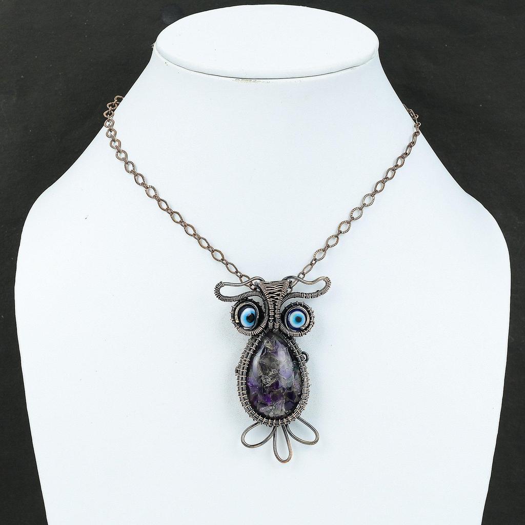 Африканский аметист, медный кулон, медная проволока, обернутая драгоценными камнями, ювелирные изделия, кулон из проволоки ручной работы, синий цвет, кулон от сглаза, кулон с совой для подарка