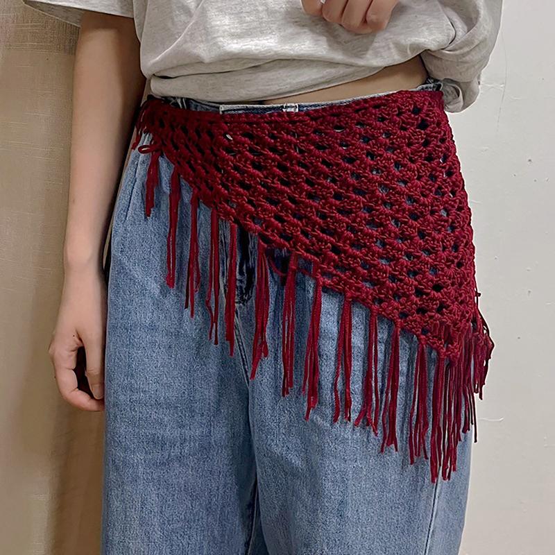 Y2K Ажурный шарф-треугольник с бахромой для женщин Весенний регулируемый многослойный аксессуар Универсальная повязка на талию/бедра Бандана