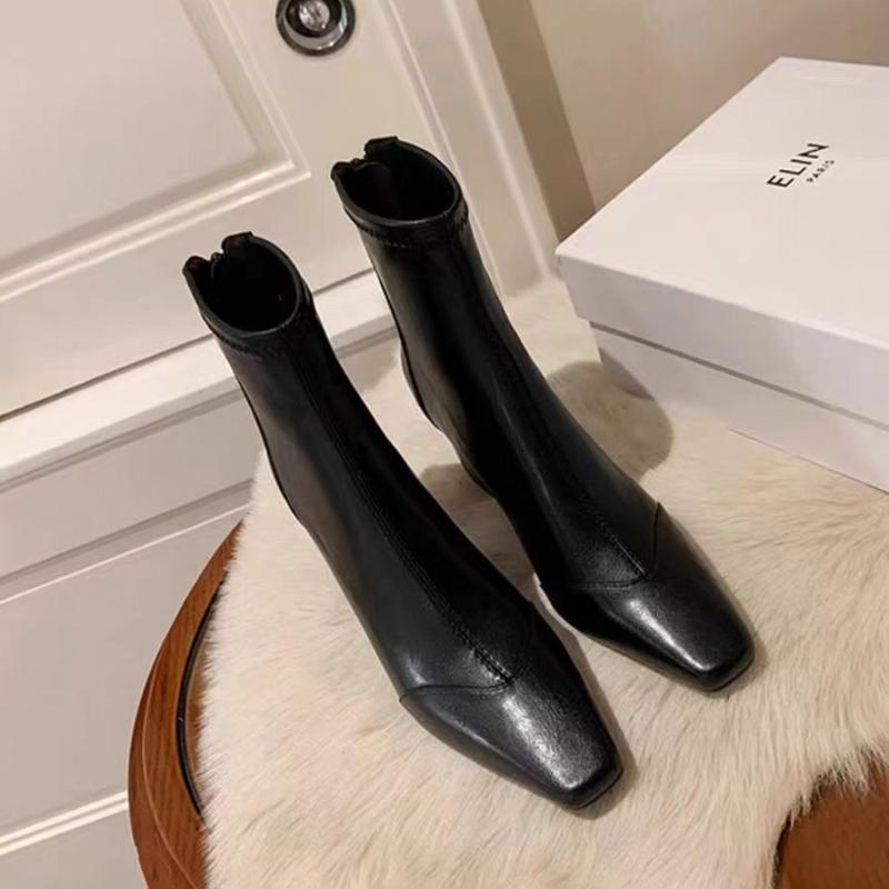 2024 Зимние Новые Заостренные Твердые Кожаные Высокий Каблук Молния Сзади Мягкие Удобные Женские Модные Ботинки Голые Ботинки Женские