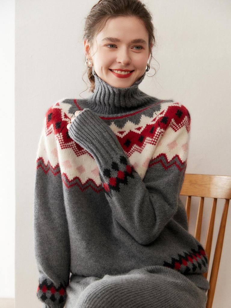Женский кашемировый свитер в стиле Fair Isle с высоким воротником - Контрастные цвета, свободная вязка для осени/зимы