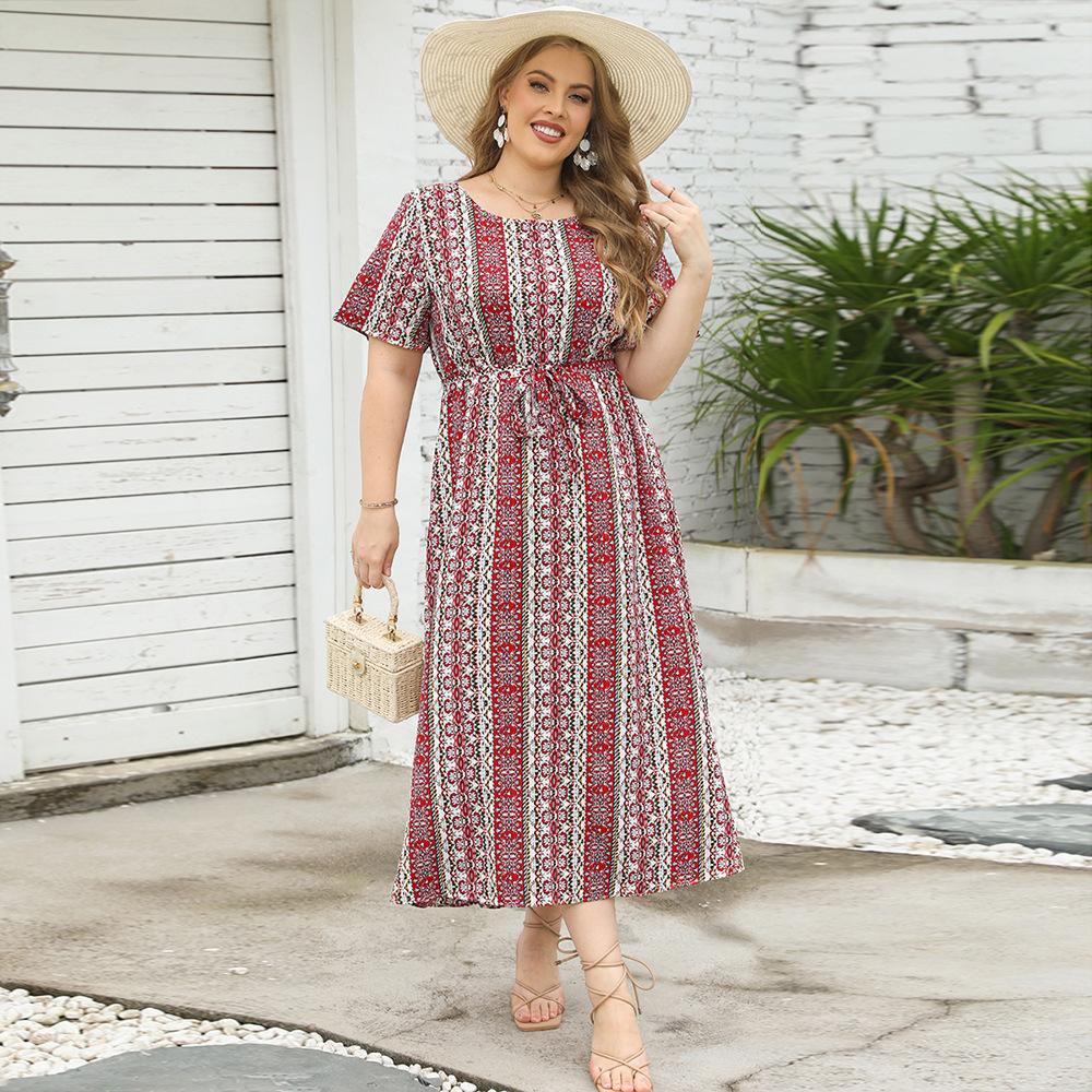 Summer Women's Dress Large Size Ethnic Style Striped Print Round Neck Short-sleeved Dress